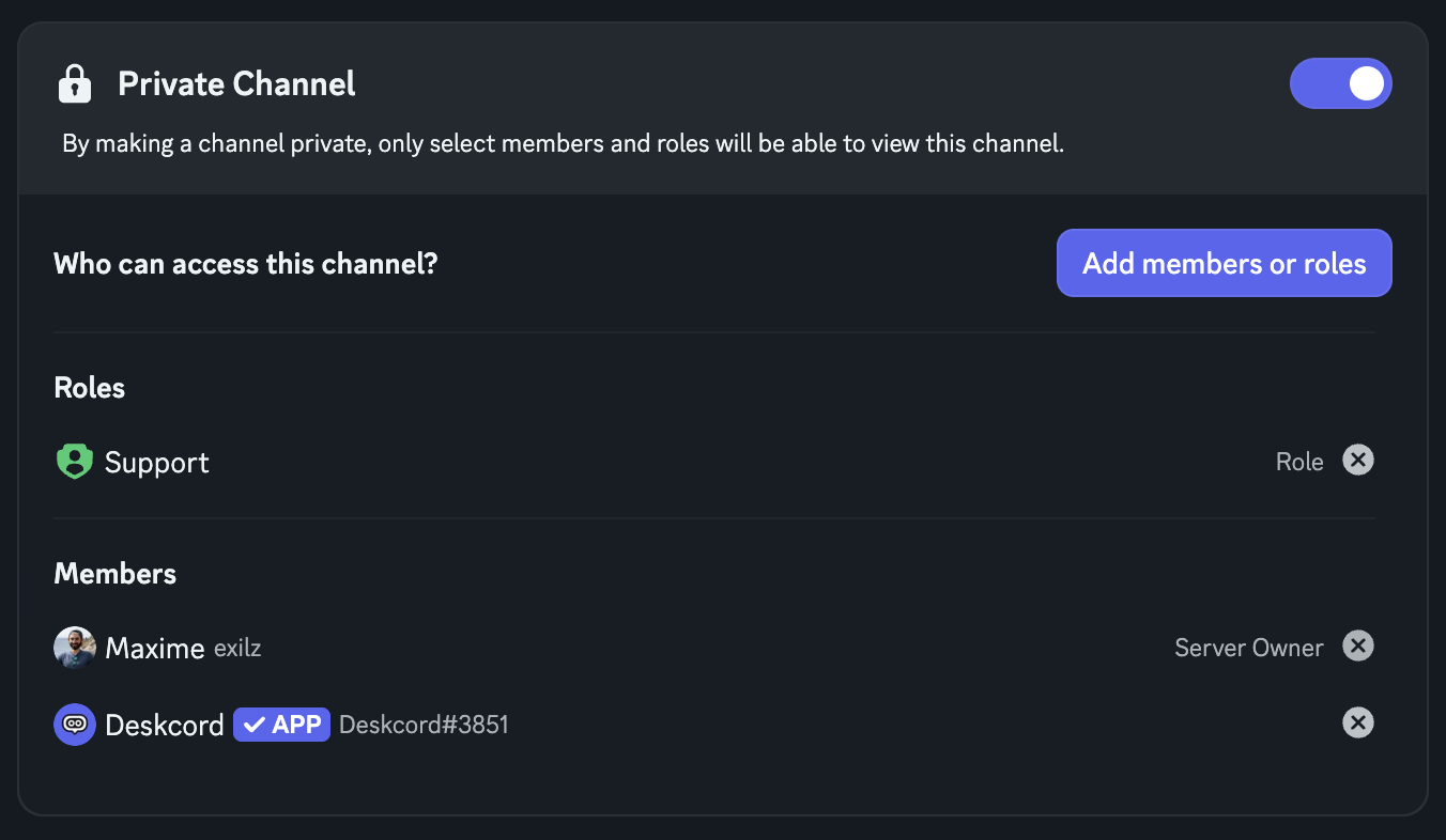 The Permissions page of the #support channel: Private Channel on, with the Support role, the server owner and the Deskcord app in the list of who can access it