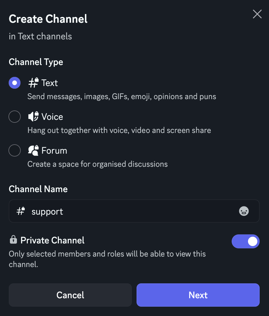 Discord's Create Channel dialog: Text selected, channel name 'support', Private Channel turned on, and the Next button