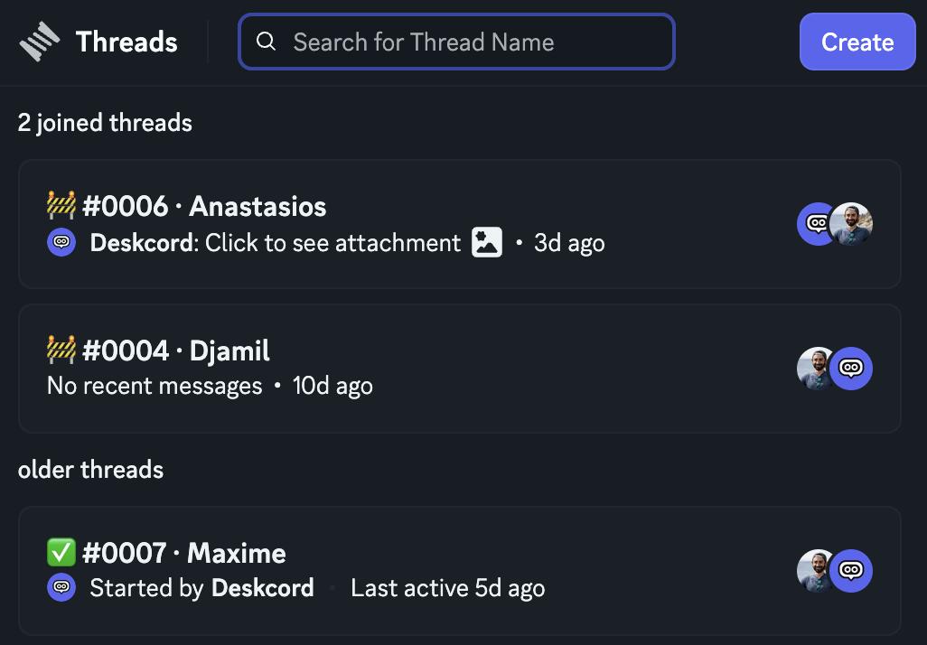 The Threads list of #support: two joined conversations marked 🚧, #0006 and #0004, and an older one marked ✅, #0007