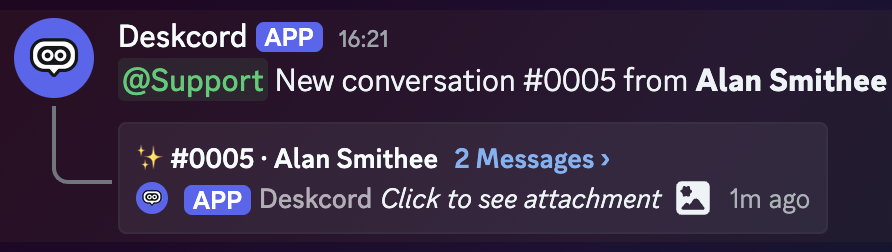 A Discord channel showing the Deskcord announcement '@Support New conversation #0005 from Alan Smithee', with the thread '✨ #0005 · Alan Smithee' attached under it