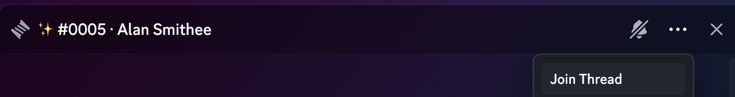 The header of a conversation thread in Discord, with its menu open on Join Thread